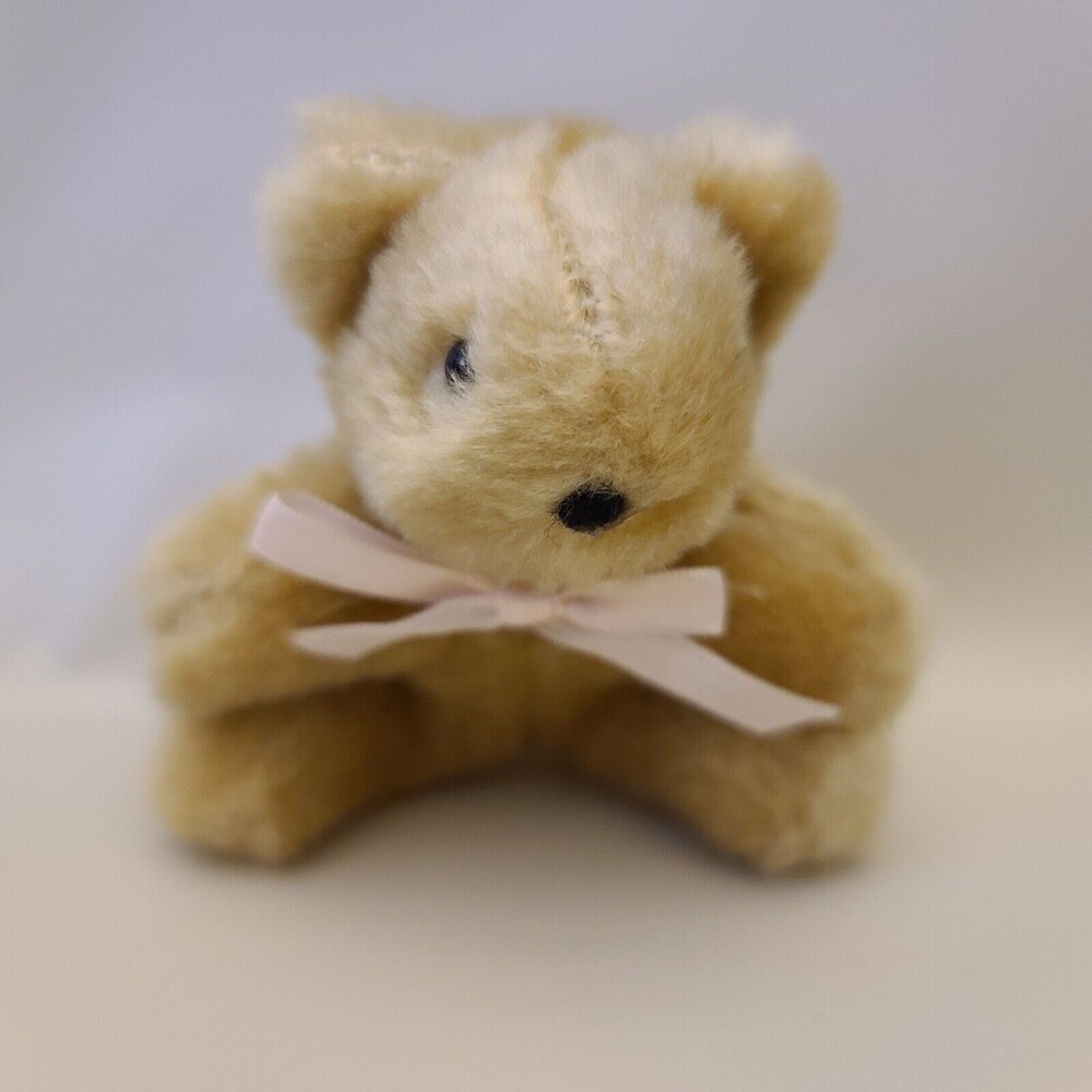 Miniature 3" Cream Teddy Bear Peach Bow